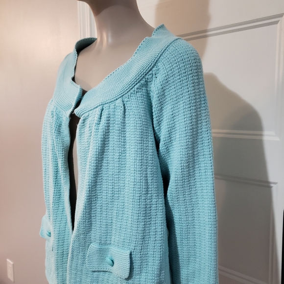 Croft Barrow Womens L Open Cropped Knit Sweater Blue 3/4 Sleeve Missing Button - Picture 3 of 12